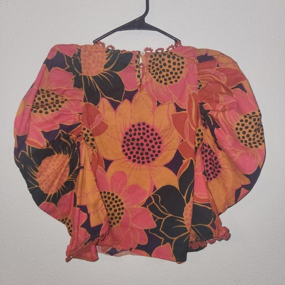 Farm‎ x Anthropology Puff-Sleeve Orange Pink Blouse Sunflowers Women's Size XXS - Picture 4 of 5